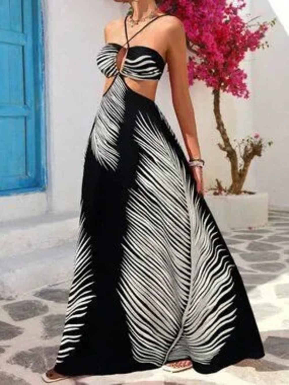 ZARA Multicolor Boho Women's Maxi Dress with Hollow Back and Hanging Neck
